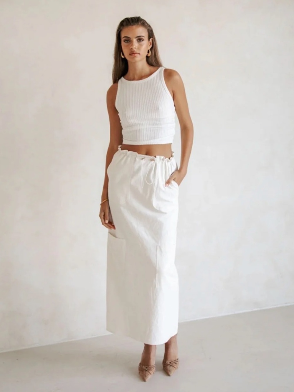 Sabo Maxi Skirt Size 2 White Draw String Pockets Boho NWOT (P)